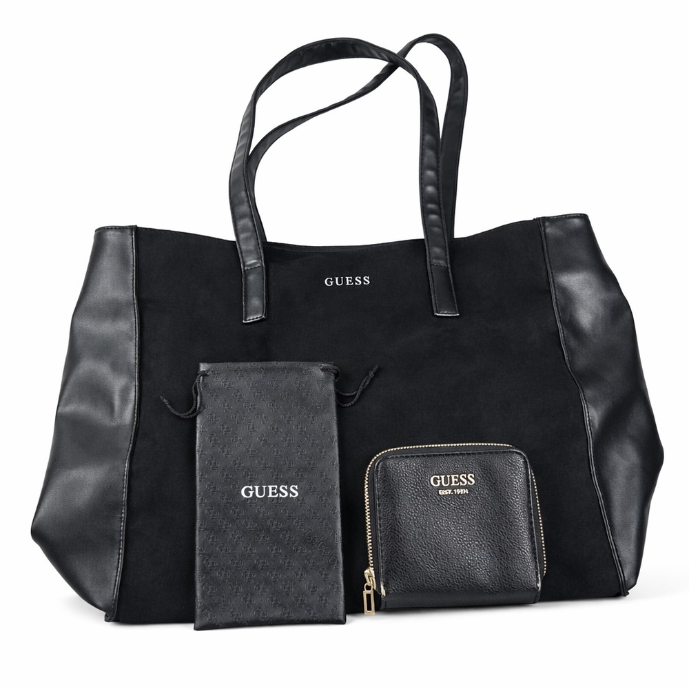 GUESS Y2K Black Suede Large Tote Bag Purse Bundle Wallet Sunglasses Case 3Pc - Picture 1 of 13
